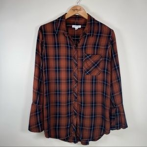 Beachlunchlounge Flannel Plaid Button Down Top Bell Sleeves Blouse Brown Small